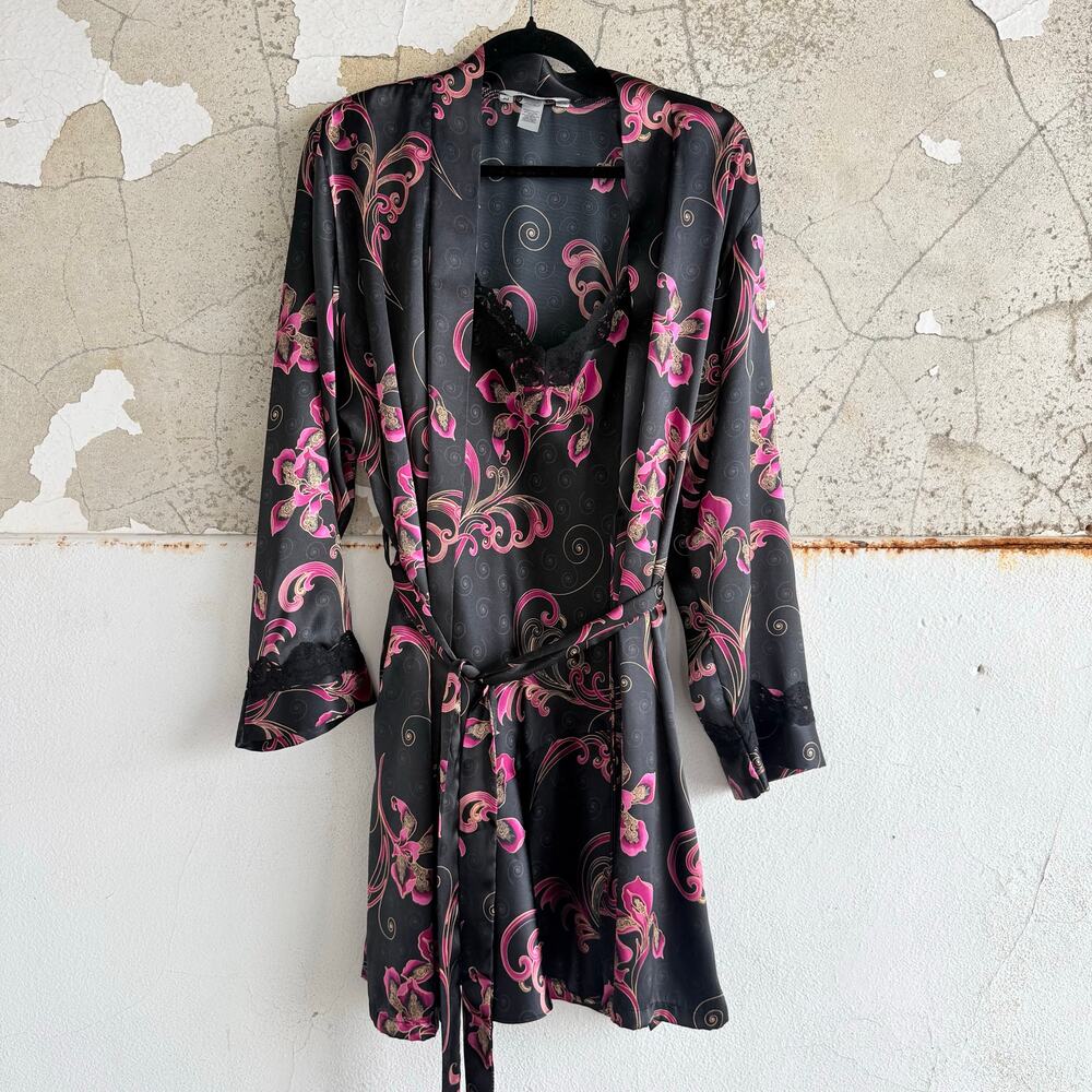 Vtg Delicates Satin Slip Dress + Robe Set Black Pink Baroque Lace Trim 2 Piece M